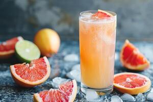Chilled grapefruit cocktail in a tall glass with ice cubes and fresh citrus slices on a marble surface. photo