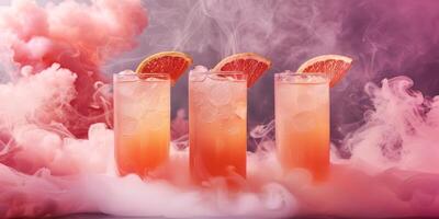 A retro foggy background showcases three stylish grapefruit cocktails in tall glasses with grapefruit halves, creating an exquisite and vintage setting with an artistic and evocative feel photo
