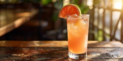 Immerse yourself in a nostalgic ambiance at a retro bar, savoring a refreshing citrus cocktail in a classic setting with a cozy and welcoming atmosphere, perfect for a relaxed night out photo