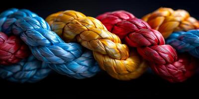 This showcases a colorful and ornate arrangement of intricately knotted ropes, forming a lively and captivating pattern photo
