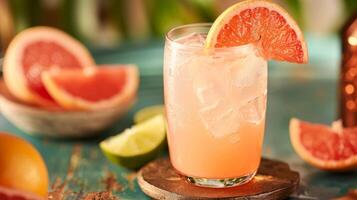 Chilled grapefruit cocktail with ice, garnished with a slice of grapefruit, surrounded by fresh citrus fruits. photo