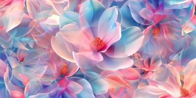 The floral background is vibrant and multicolored, with surreal petals in vivid hues, creating a beautiful design photo