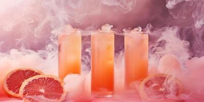 A retro foggy background showcases three stylish grapefruit cocktails in tall glasses with grapefruit halves, creating an exquisite and vintage setting with an artistic and evocative feel photo