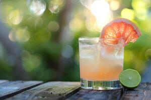 Picture yourself savoring a cocktail made with grapefruit and lime in a vintage glass, surrounded by lush greenery the perfect moment for relaxing and refreshing during the summer season photo