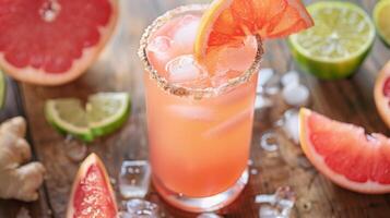 Chilled grapefruit cocktail with ice, garnished with a slice of grapefruit, surrounded by fresh citrus fruits. photo