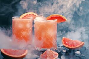 Visualize a nostalgic bar environment with a smoky feel, featuring cocktail glasses decorated with grapefruit and ice, embodying a timeless style and a relaxed, rejuvenating atmosphere photo