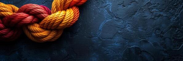 A closeup photo of an orange and red rope knot on a dark navy blue background with textured patterns