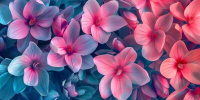 An array of pink and blue flowers creates a vibrant floral backdrop, presenting a striking and beautiful scene photo