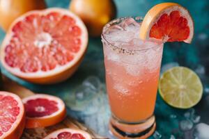 Chilled grapefruit cocktail with ice, garnished with a slice of grapefruit, surrounded by fresh citrus fruits. photo