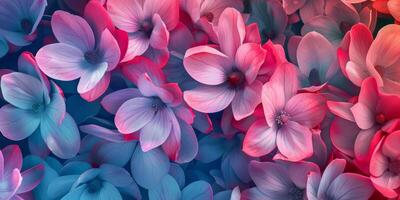 An array of pink and blue flowers creates a vibrant floral backdrop, presenting a striking and beautiful scene photo