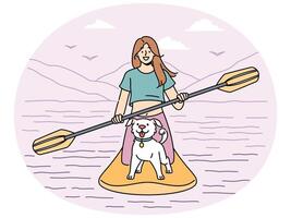 Smiling woman with dog sail on paddle board vector