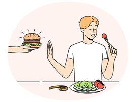 Smiling man eat salad refuse from burger vector