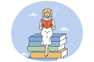 Smiling girl read book sitting on textbooks pile vector