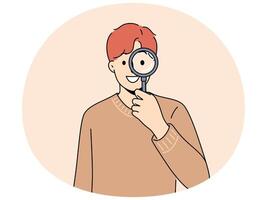 Smiling man with magnifying glass search for information vector