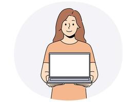 Smiling woman with open mockup laptop vector