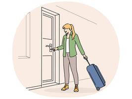 Woman suitcase open door with key vector