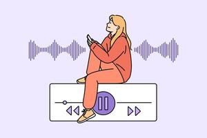 Teenage woman listens to music on phone while sitting near equalizer on buttons to control playlist vector