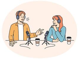 Smiling people talk in microphones on radio live vector