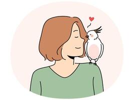 Smiling woman with parrot sitting on shoulder vector