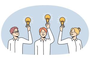 Smiling businesspeople with lightbulbs in hands vector
