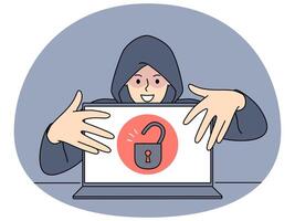 Hacker in hood steal information from computer vector