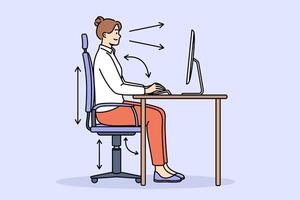 Woman demonstrates correct posture for working with computer, sitting with straight back at table vector