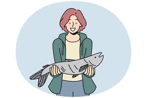 Smiling woman with fish haul in hands vector