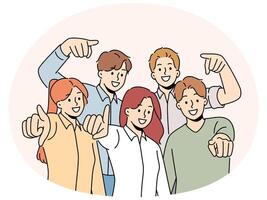 Group of smiling people point at screen vector