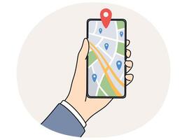 Person holding mobile with GPS tracker on map vector