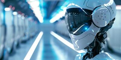 Robot in Sci fi tonnel. Concept of future. 3d rendering. photo