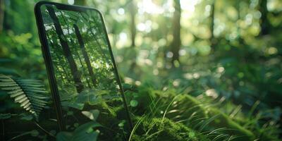 A smartphone is seamlessly integrated into a lush forest, symbolizing the harmonious meeting of technology and nature photo