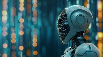 Close-up of advanced robot with digital face in a futuristic tech setting, glimmering lights in background. photo