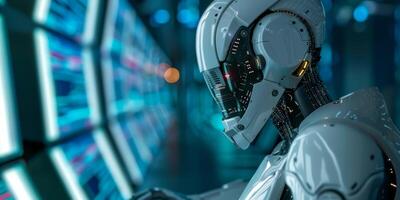 Robot in Sci fi tonnel. Concept of future. 3d rendering. photo