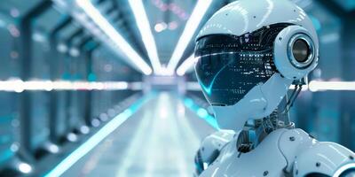 Robot in Sci fi tonnel. Concept of future. 3d rendering. photo