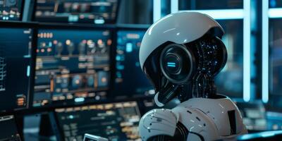 An artificial intelligence robot is displayed in an advanced control room, demonstrating computing and AI progress photo
