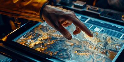 Professional utilizing touchscreen for high-tech digital mapping and geographic data analysis in modern setting. photo
