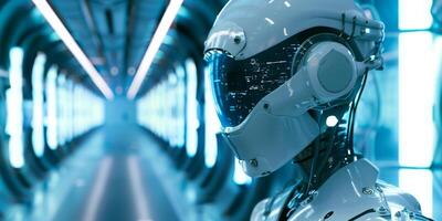 Robot in Sci fi tonnel. Concept of future. 3d rendering. photo