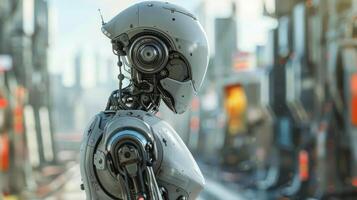 An advanced humanoid robot in a futuristic cityscape with cuttingedge technology, embodying science and innovation photo
