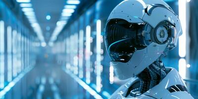 Robot in Sci fi tonnel. Concept of future. 3d rendering. photo