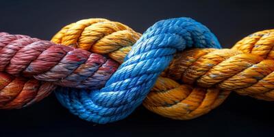 A closeup image of a brightly colored knotted rope symbolizing unity and strength against a dark background photo