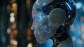 A humanoid robot with a high-tech digital interface shown in profile, embodying advanced AI technology. photo
