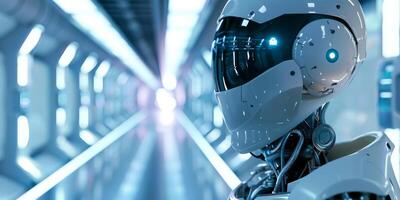 Robot in Sci fi tonnel. Concept of future. 3d rendering. photo