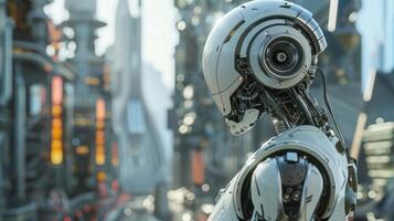 An advanced humanoid robot in a futuristic cityscape with cuttingedge technology, embodying science and innovation photo