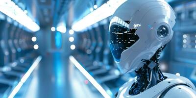 Robot in Sci fi tonnel. Concept of future. 3d rendering. photo