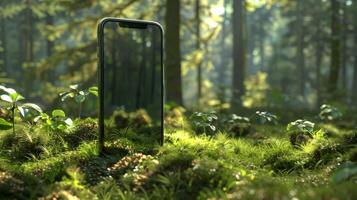 A smartphone is seamlessly integrated into a lush forest, symbolizing the harmonious meeting of technology and nature photo
