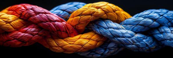 This showcases a colorful and ornate arrangement of intricately knotted ropes, forming a lively and captivating pattern photo