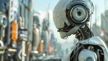 An advanced humanoid robot in a futuristic cityscape with cuttingedge technology, embodying science and innovation photo