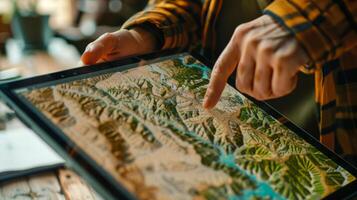 Close-up of individual examining terrain using a digital topographic map displayed on a tablet device. photo