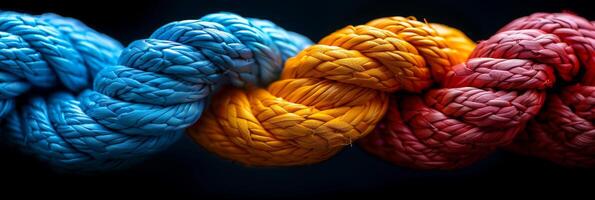 A closeup shot of colorful ropes, intertwined against a dark background, displaying texture and vibrancy photo