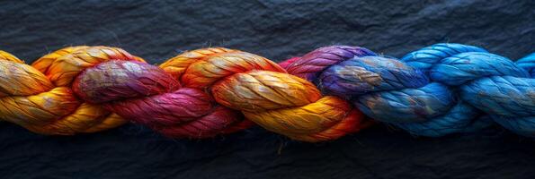 A closeup photo of a vibrant multicolored braided rope, representing creativity, unity, and strength